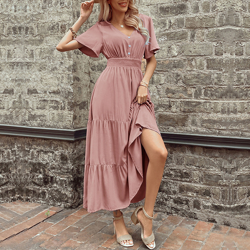 Damen Maxikleid Rüschen Details Taillengürtel Norvielle