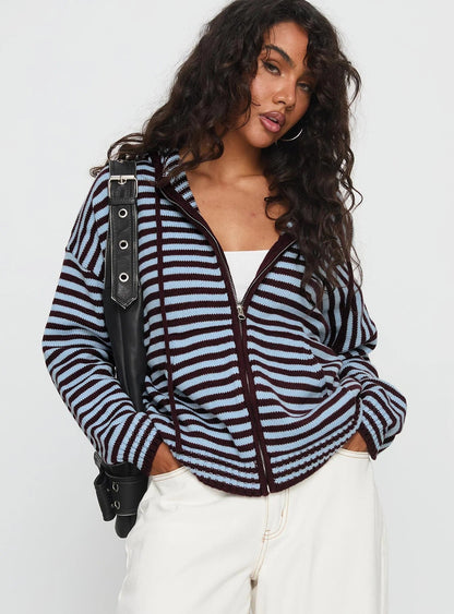 Damen Strickjacke Gestreift Mit Reißverschluss Beige
