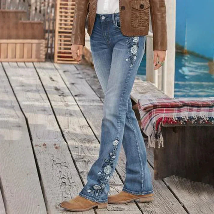 Norvielle Damen Jeans Mittel Taille Flamingo Bestickt