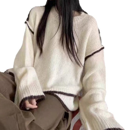 Damen Strickpullover Grobstrick Kontrastfarben Lässig