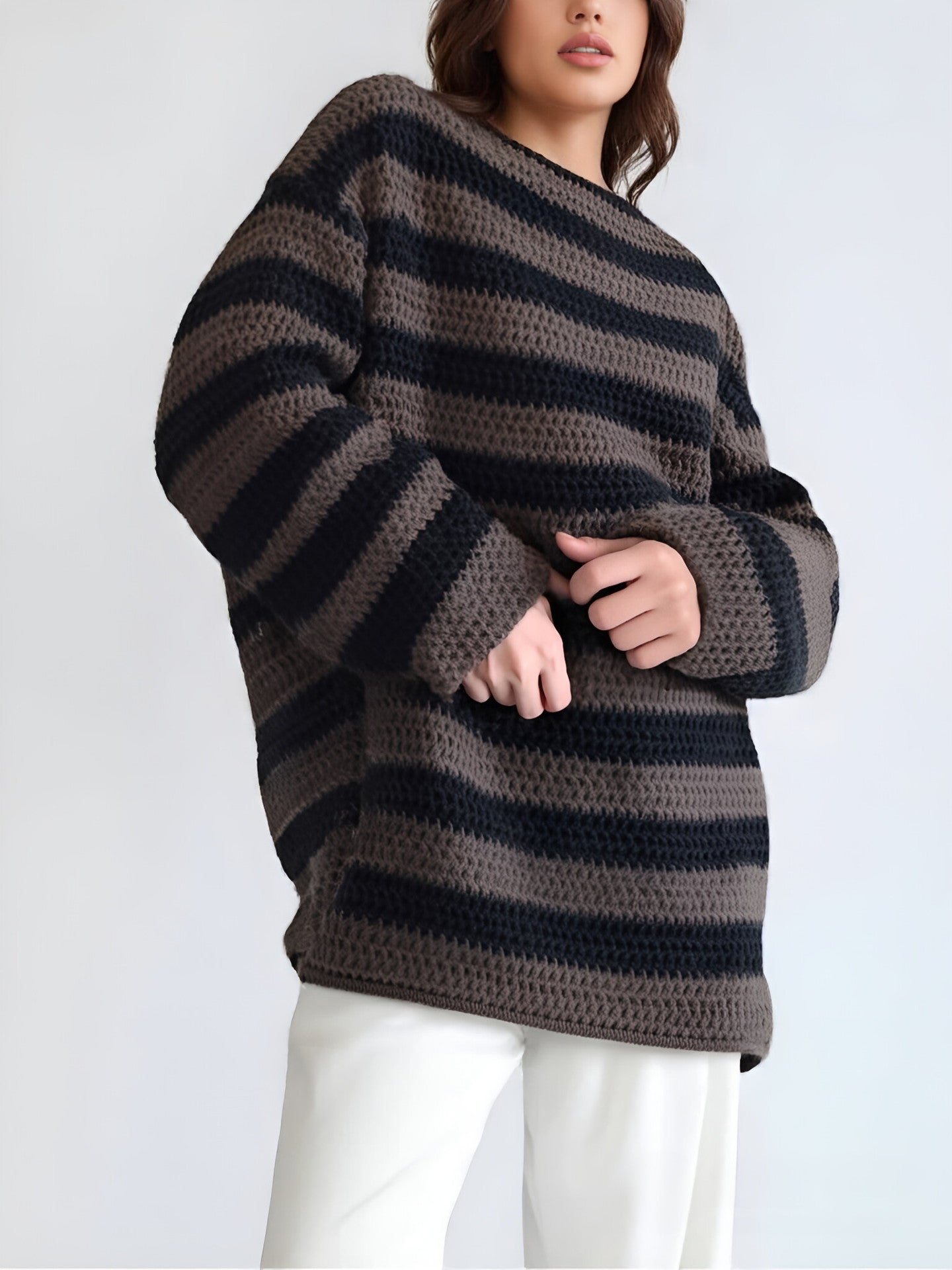 Damen Grobstrickpullover Streifenmuster Lässig Beige