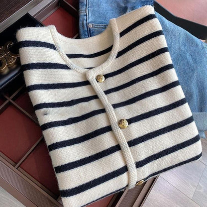 Damen Strickjacke Strukturiertes Streifenmuster Elegante Knöpfe