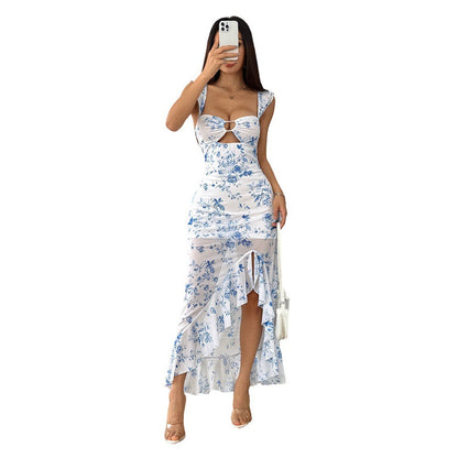 Damen Maxikleid Floralmuster Seidenoptik Schlitz