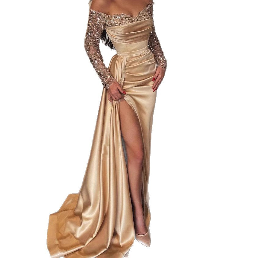 Damen Abendkleid Schimmerstoff Glitzerärmel Norvielle
