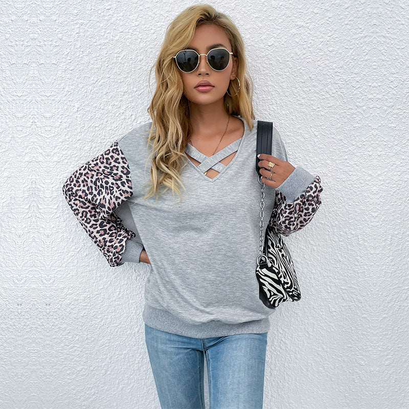 Damen Pullover Animal-Print Ärmel V-Ausschnitt Norvielle