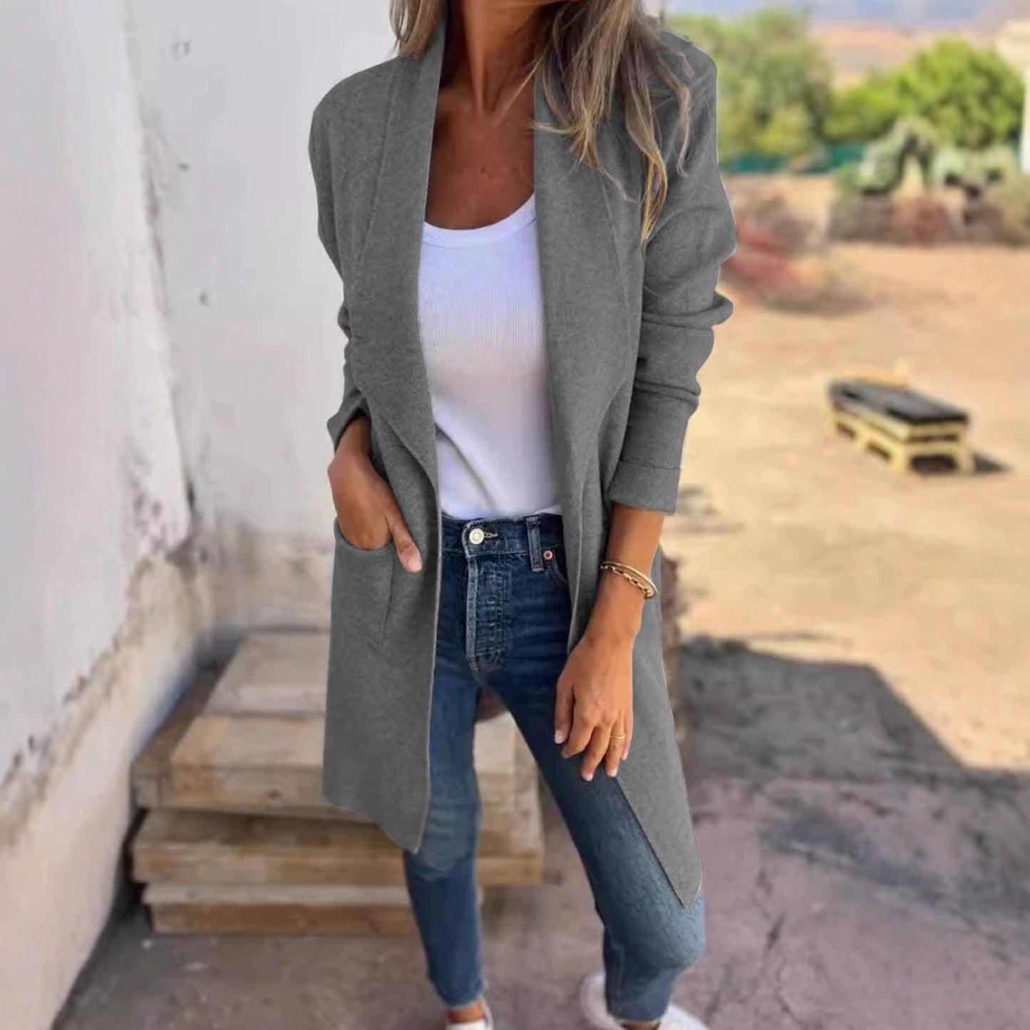 Damen Oversized-Mantel mit Eingrifftaschen Offener Kragen Schwarz - Norvielle