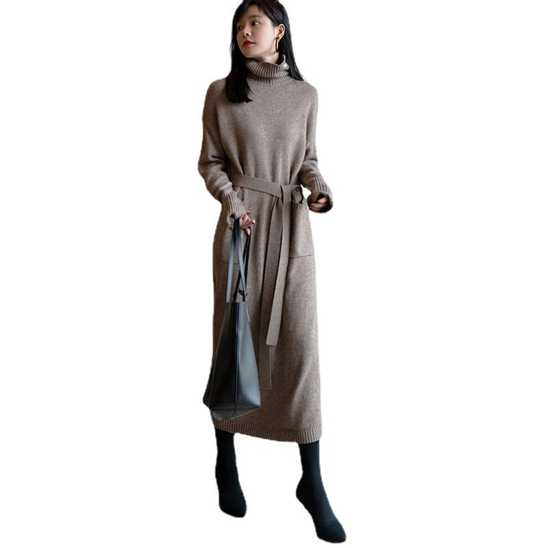Damen Strickkleid Hohler Kragen Taillengürtel Norvielle