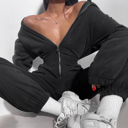 Damen Fleece-Overall mit Reißverschluss und Kapuze