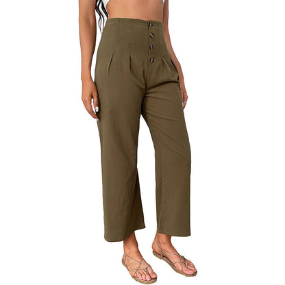 Damen Hochwaisted Hosen Knopfdetail Faltenwurf