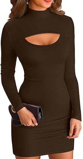 Damen Minikleid Figurbetont Cut-Out Ausschnitt Hochgeschlossen