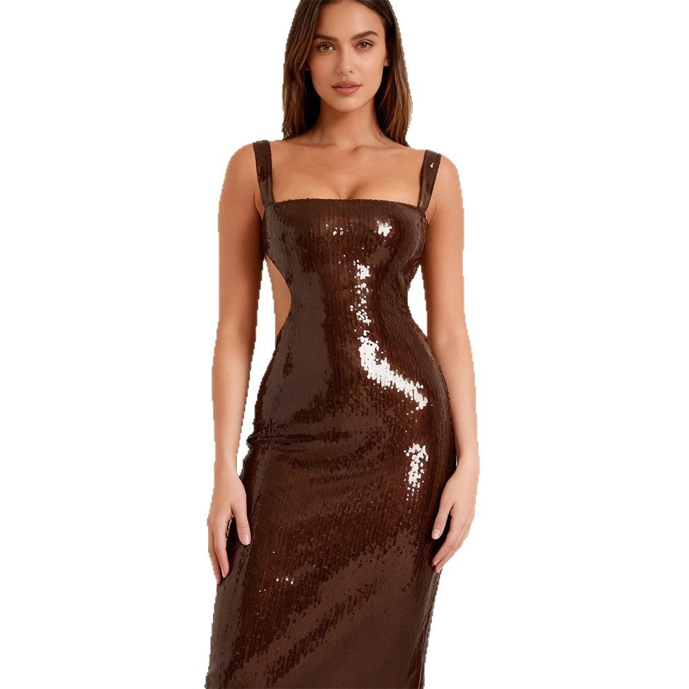 Damen Pailletten-Abendkleid Lange Robe Tiefes Dekolleté