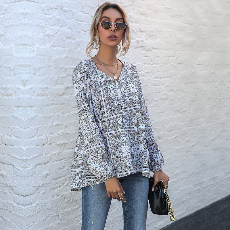 Damen Bluse V-Ausschnitt Verspielt Muster Norvielle - Norvielle
