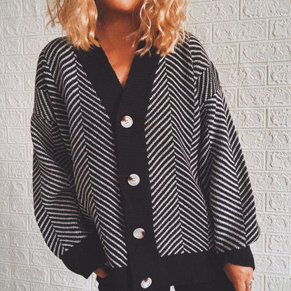 Damen Strickjacke Chevron Muster Knopfverschluss Norvielle