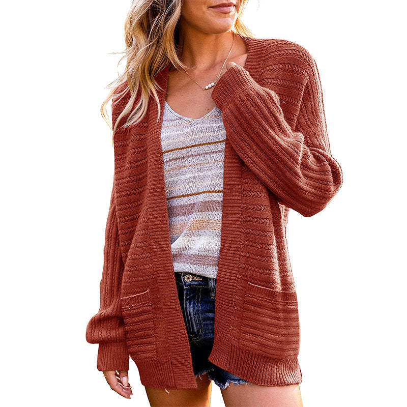 Damen Strickjacke Offen Vorne Strukturiert Beige