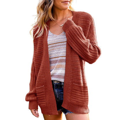 Damen Strickjacke Offen Vorne Strukturiert Beige