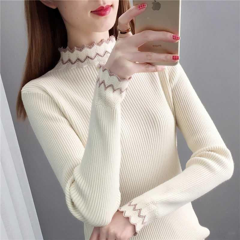 Damen Strickpullover Stehkragen Wellenmuster