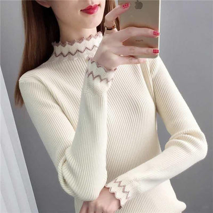 Damen Strickpullover Stehkragen Wellenmuster