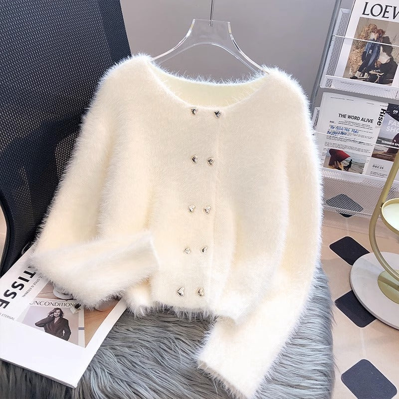 Damen Fluffy Cardigan Herzknöpfe Norvielle