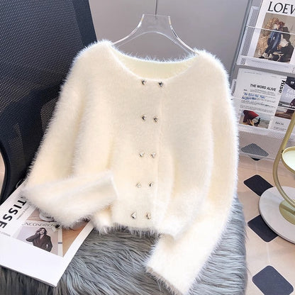 Damen Fluffy Cardigan Herzknöpfe Norvielle