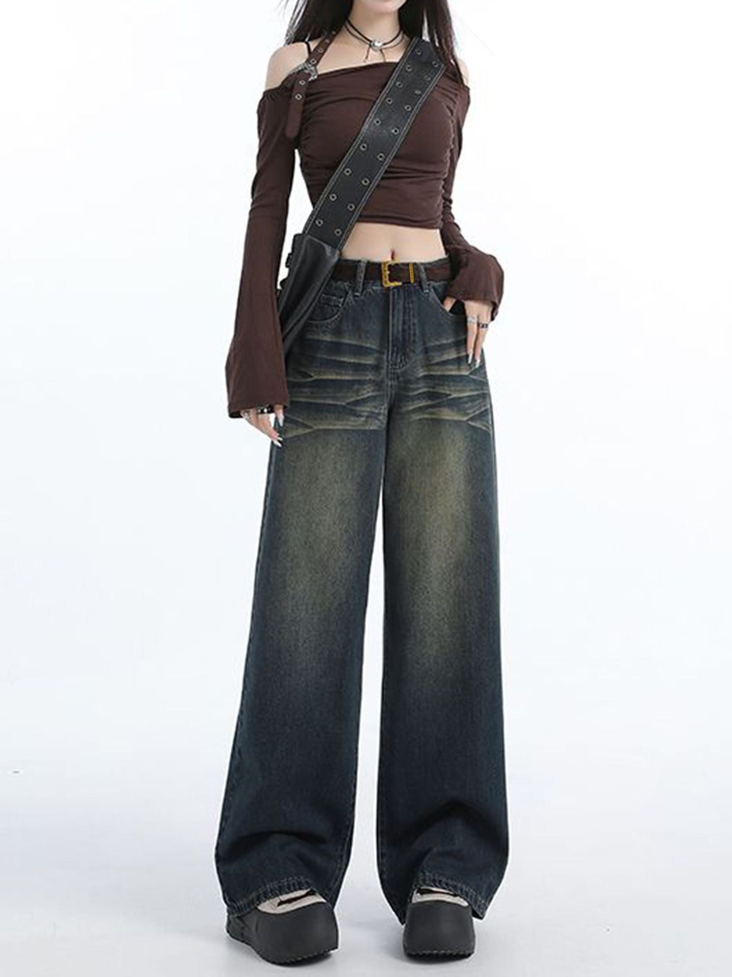 Damen Weite Jeans Hochbund Modische Waschung