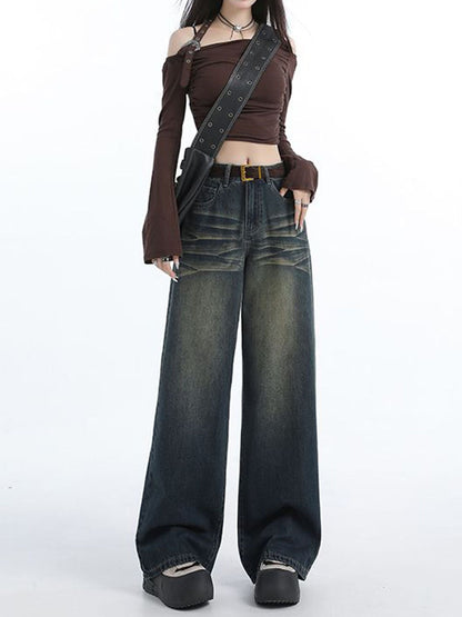 Damen Weite Jeans Hochbund Modische Waschung