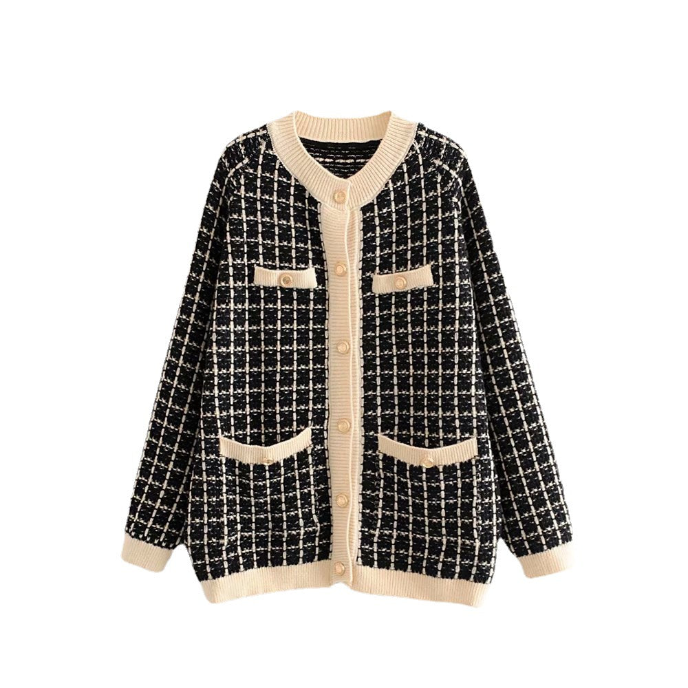 Damen Strickjacke Karomuster Dekorative Knöpfe Norvielle