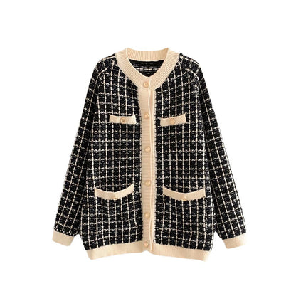 Damen Strickjacke Karomuster Dekorative Knöpfe Norvielle