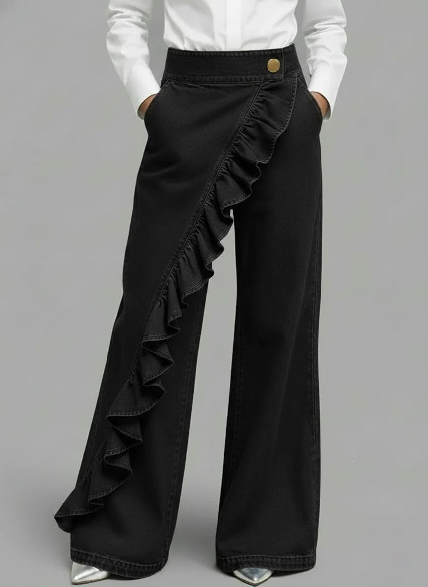 Damen Weite Jeanshose Rüschendetail