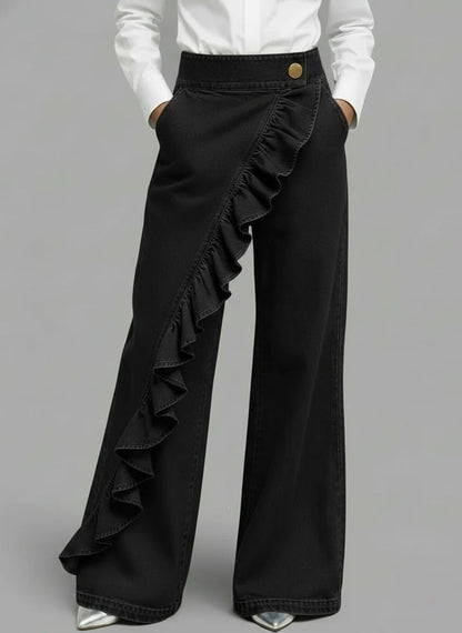 Damen Weite Jeanshose Rüschendetail