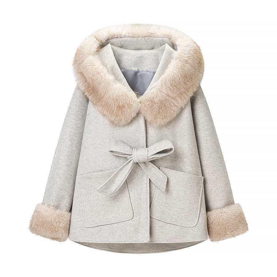 Damen Wolljacke mit Kapuze Teddyfutter Beige - Norvielle