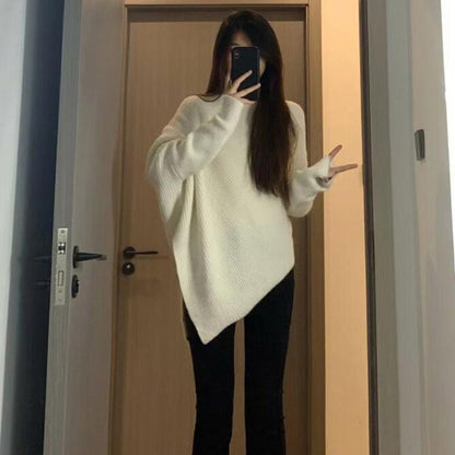 Damen Strickpullover Oversized Asymmetrisch Rippstruktur Beige