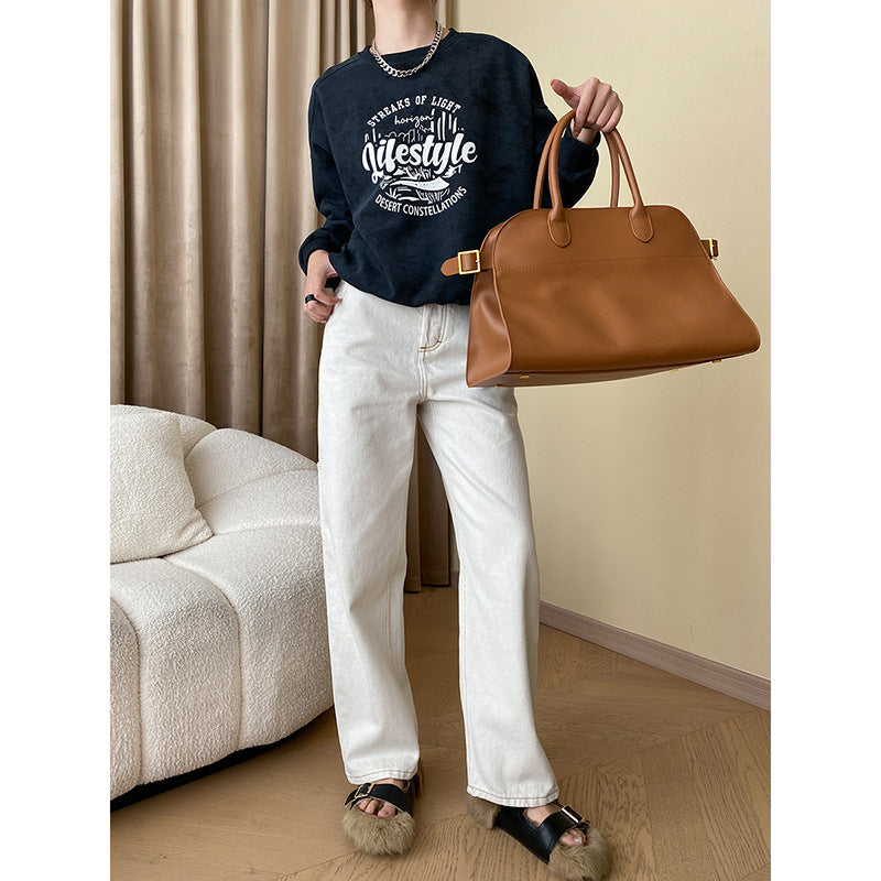 Damen Chino-Hose Hochtailliert Gerader Schnitt Beige