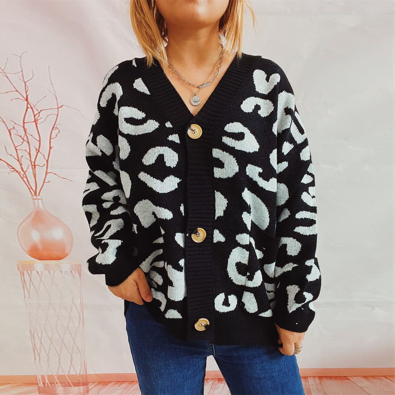 Damen Cardigan Lockere Ärmel Leo-Muster Norvielle