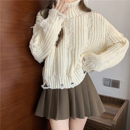 Damen Grobstrickpullover Hochkragen Fransen Norvielle