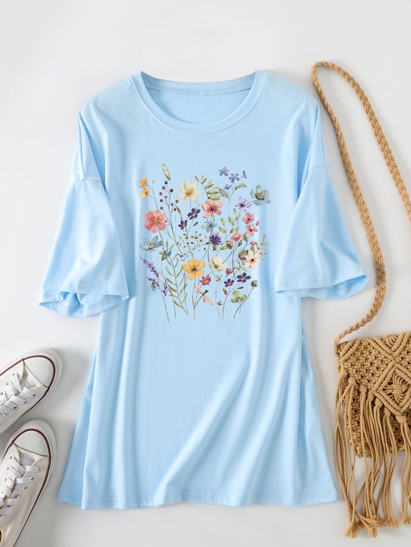 Damen Sommerbluse Floralmuster Baumwolle Blumenweiß