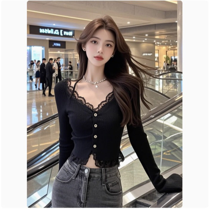 Damen Langarmshirt Spitzenbesatz Norvielle