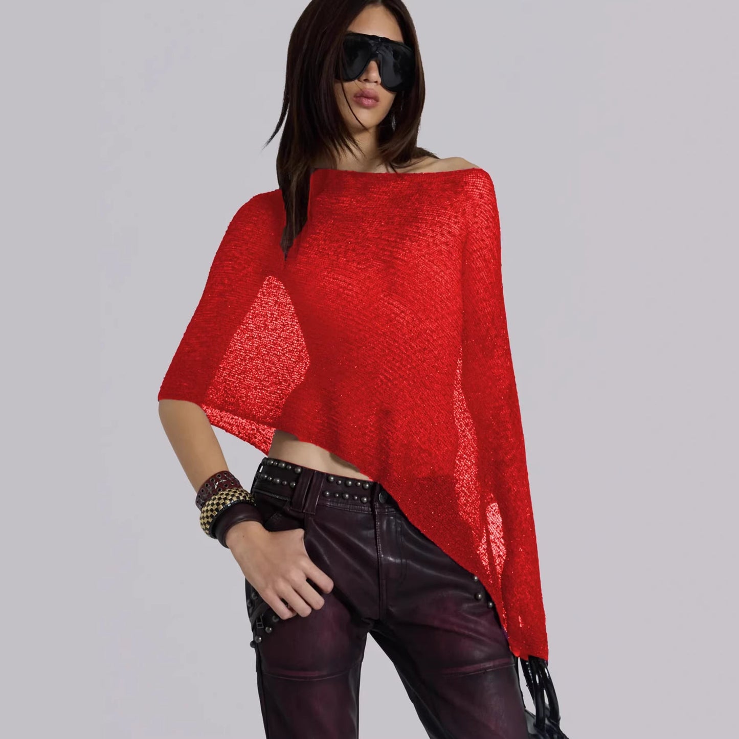 Damen Strickoberteil Asymmetrisch Metallic Glanz