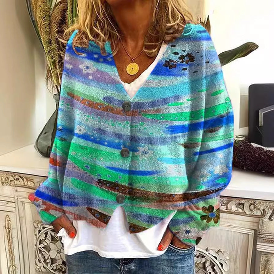 Damen Strickcardigan Bunt Streifen Knöpfe