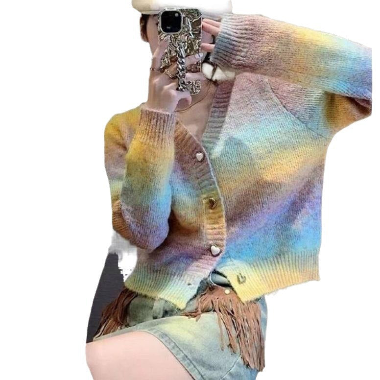 Damen Strickjacke Farbverlauf Herzknöpfe
