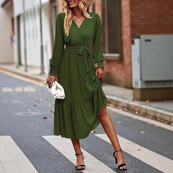 Damen Midi-Kleid V-Ausschnitt Bindegürtel Elegantes Kleid