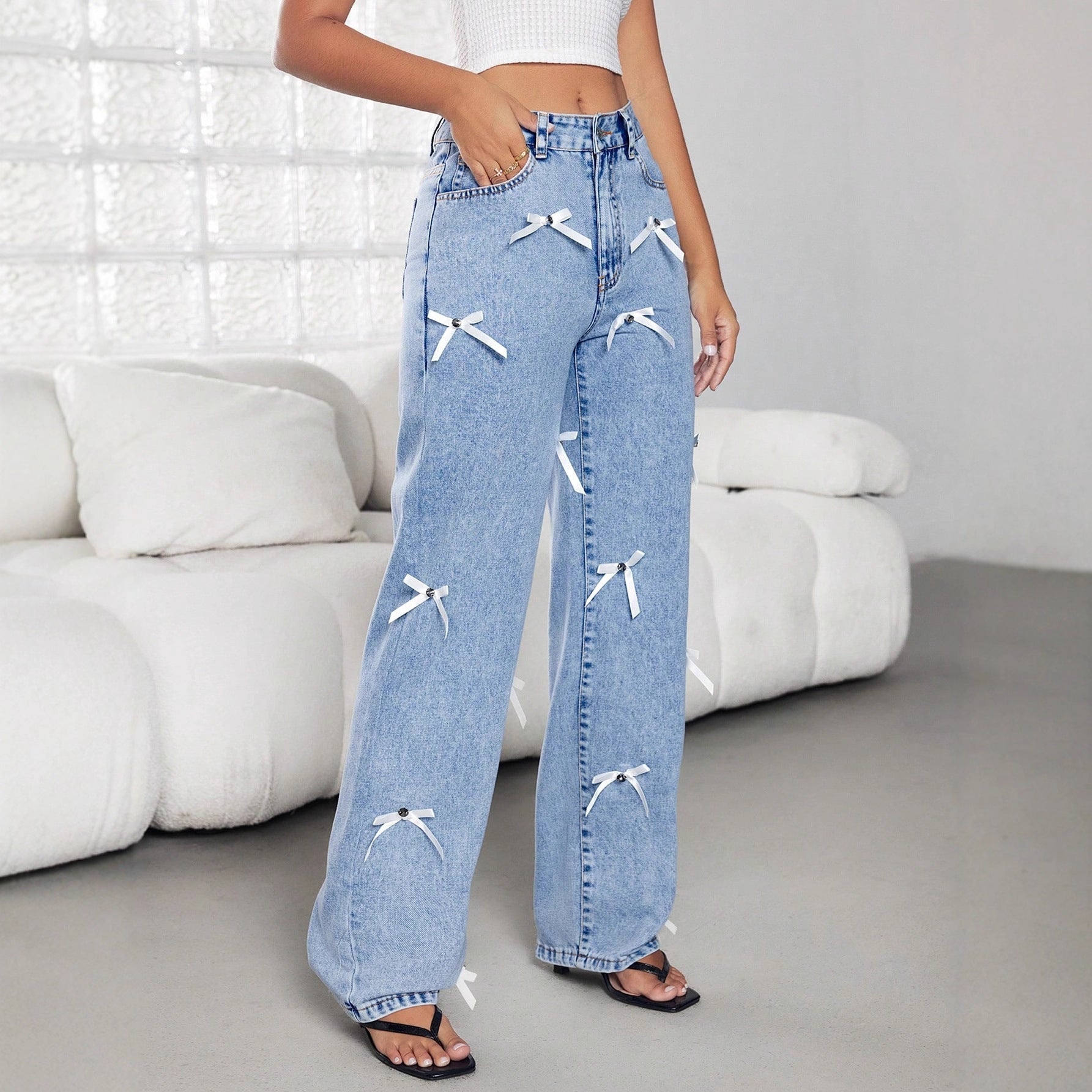 Damen Weite Jeans Dekorative Schleifen Blau - Norvielle