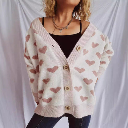 Damen Strickjacke Herz-Muster Knopf-Detail Beige - Norvielle