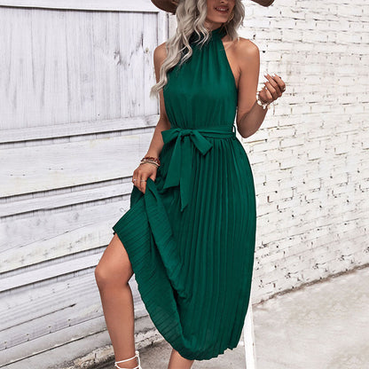 Damen Maxikleid Plissee mit Taillengürtel Elegantes Design