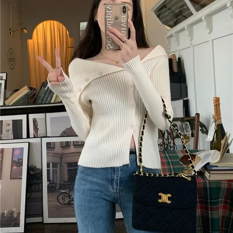 Damen Strickcardigan Feinripp mit Modischem Kragen Norvielle