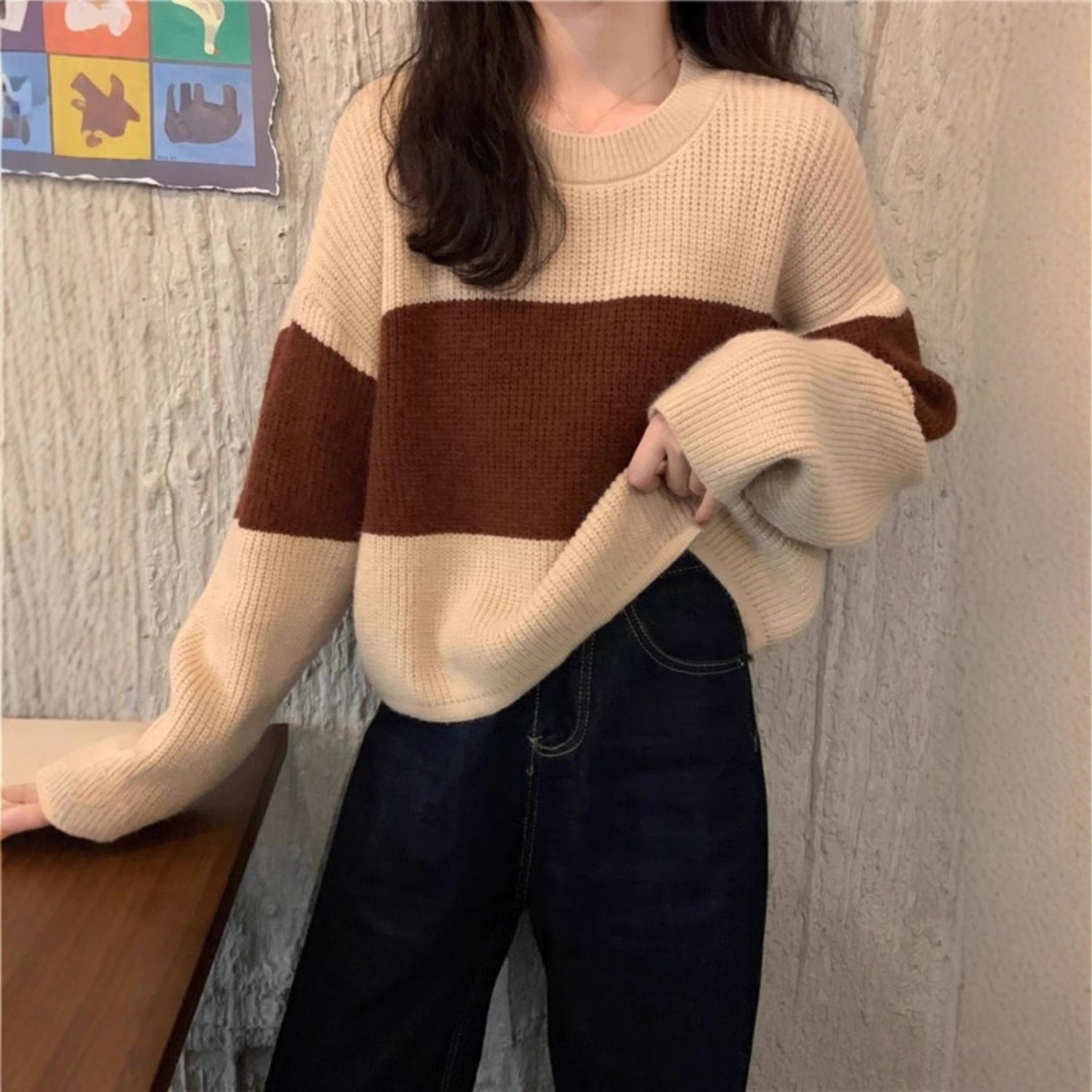 Damen Pullover Grobstrick Farbblockdesign Norvielle - Norvielle