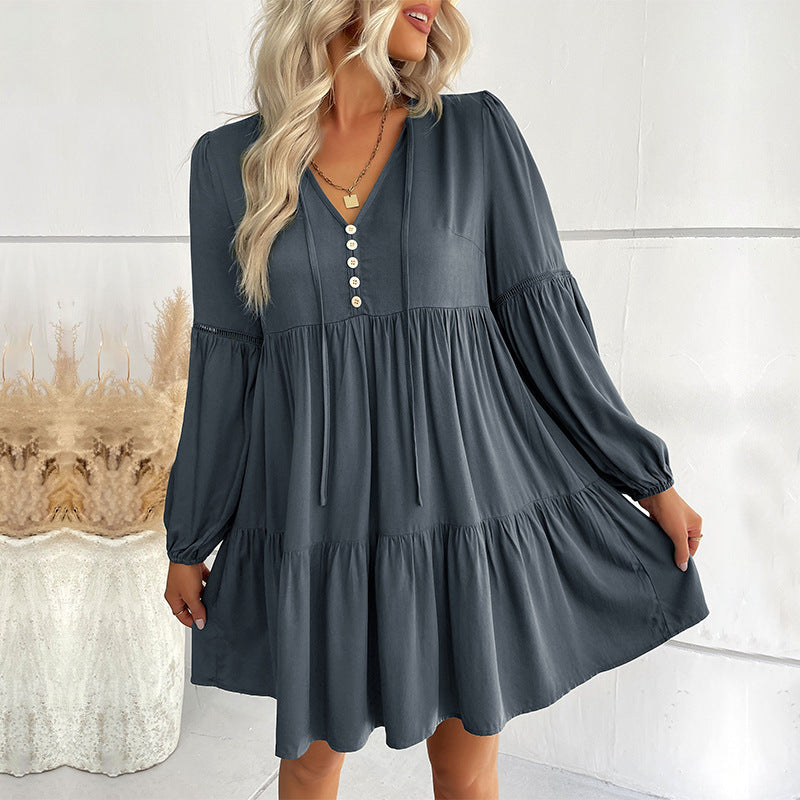 Damen Wickelkleid mit Knöpfen und Volumenärmeln Norvielle