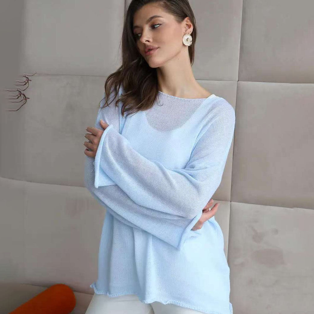 Damen Pullover Lässig Weite Ärmel Feines Lochstrick Beige