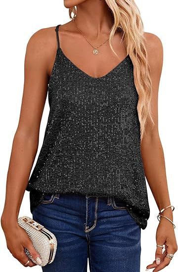 Damen Spaghetti-Trägertop V-Ausschnitt Glitzerdetails