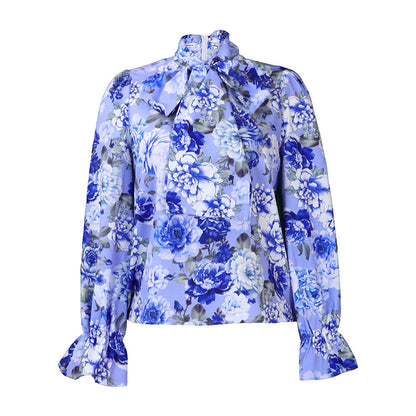 Damen Bluse Florales Muster Elegantes Schleifendetail
