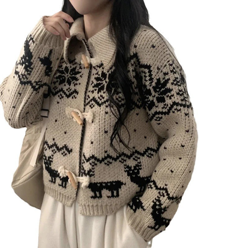 Damen Strickjacke Holzknöpfe Modernes Muster Beige